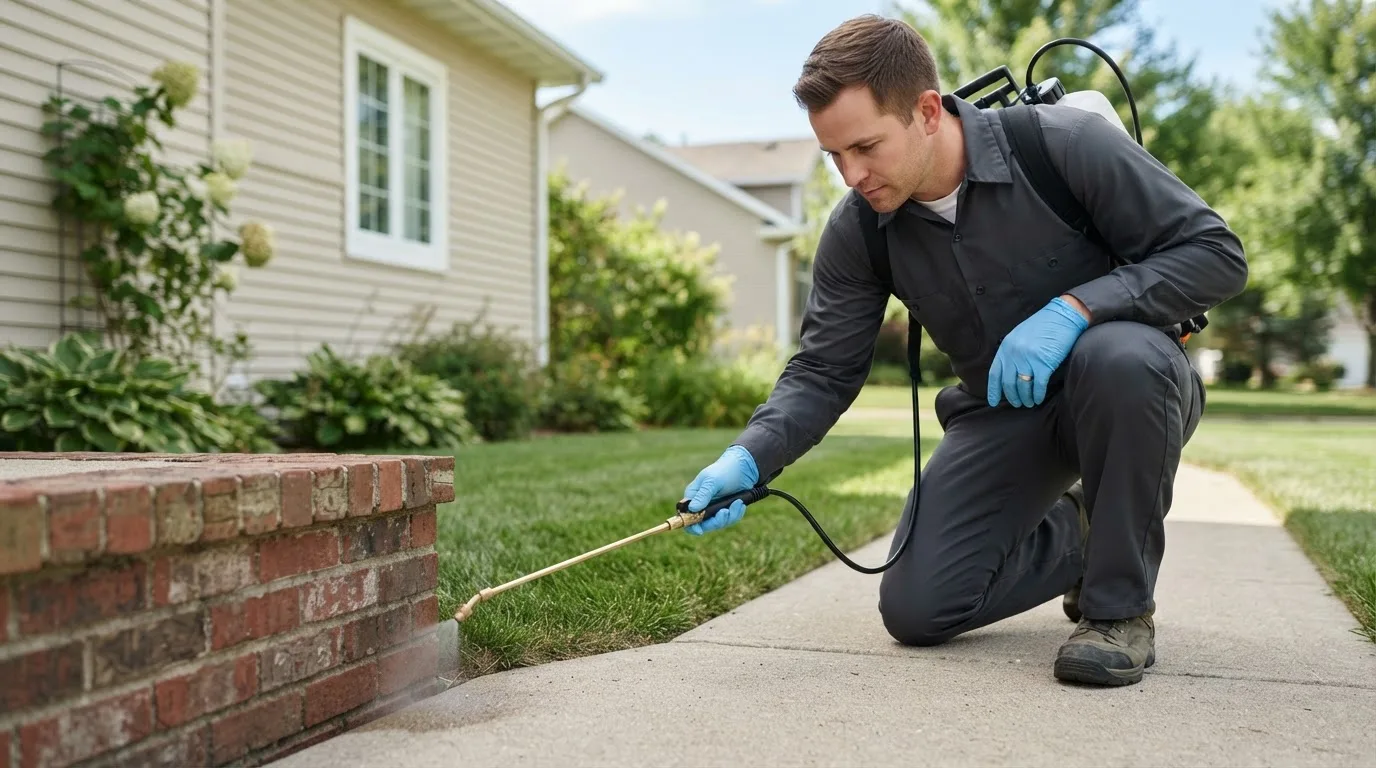 Pest control technician treating a home near Charlton Heights, WV